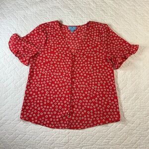 CeCe Women’s Blouse Size Medium Daisy Melody Red White Daisy Print V-Neck (G18)